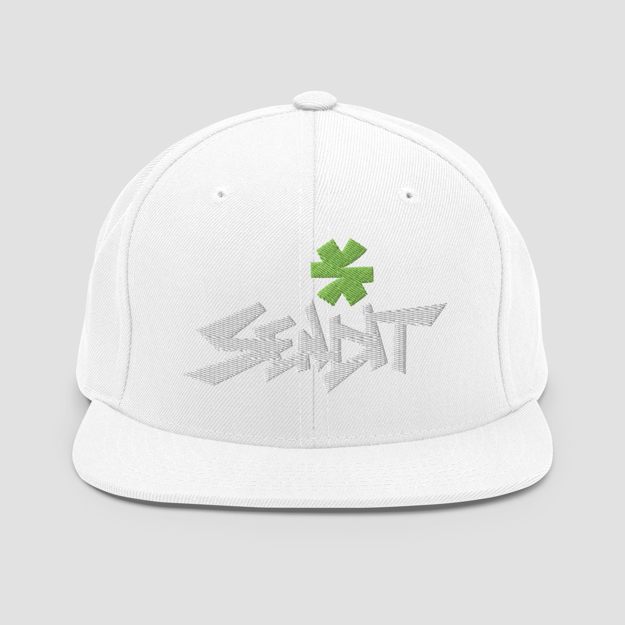 A white flat-billed snapback cap with a green embroidered asterisk above stylized white lettering 'SENDIT' on the front, shown against a light gray background.