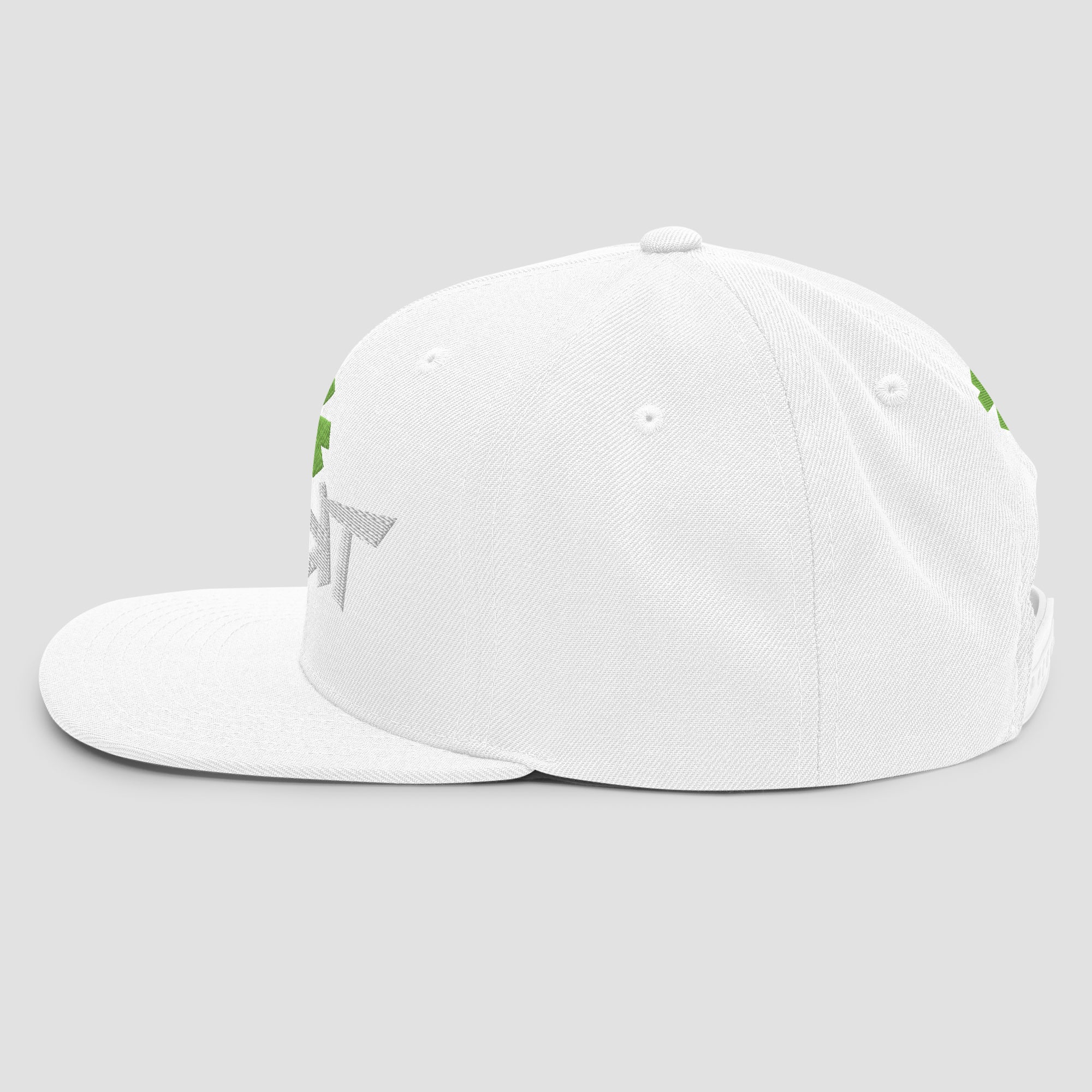 A white structured baseball cap with a flat brim, featuring white embroidered text 'SENDIT' on the front and green asterisk above, shown against a solid light gray background.