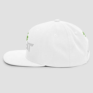 A white structured baseball cap with a flat brim, featuring white embroidered text 'SENDIT' on the front and green asterisk above, shown against a solid light gray background.