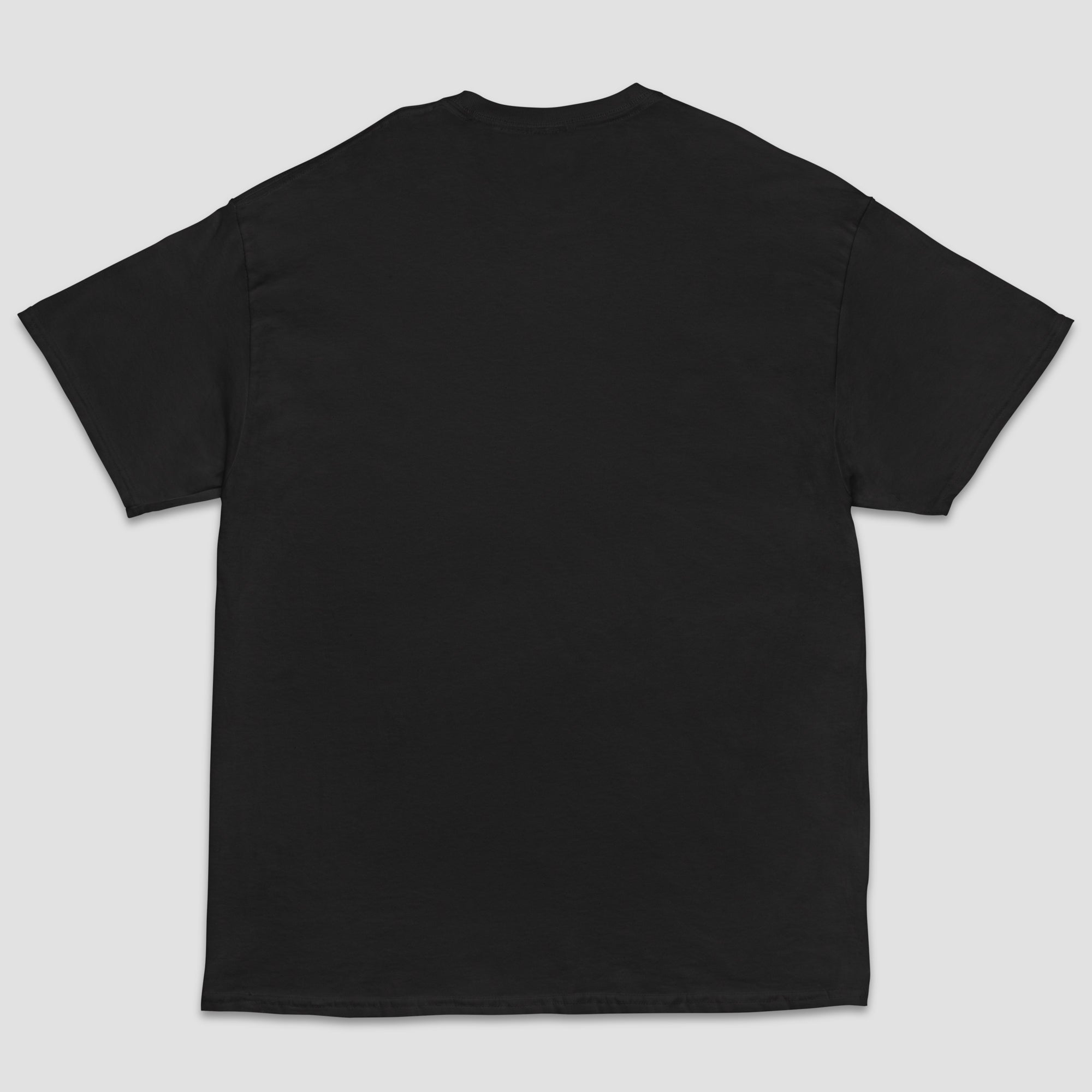 A plain black short-sleeve crewneck t-shirt shown from the back, laid flat against a light gray background.