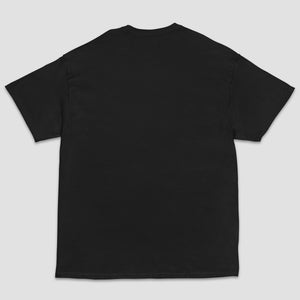 A plain black short-sleeve crewneck t-shirt shown from the back, laid flat against a light gray background.