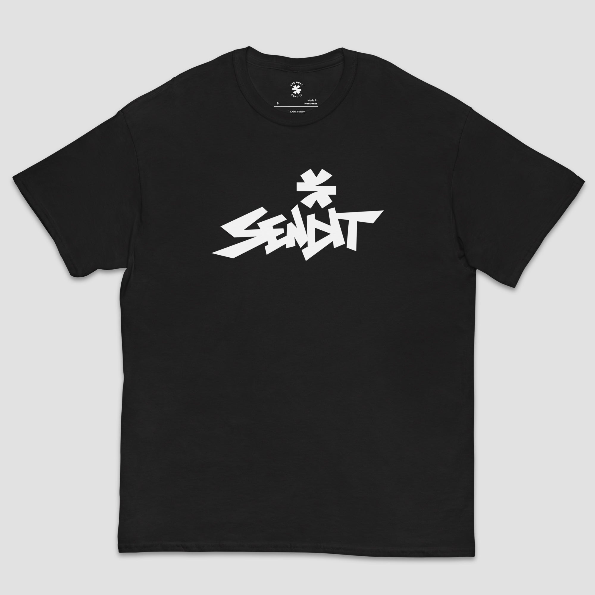 A black short-sleeve crewneck t-shirt with a stylized white 'SENDIT' graphic and a small white asterisk logo on the chest, displayed flat against a light gray background.