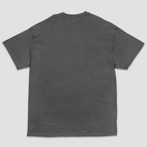 A dark gray heather short-sleeve t-shirt shown from the back, laid flat against a light gray background.