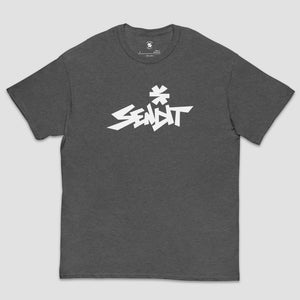 A dark heather gray crewneck t-shirt with a stylized white graphic on the chest reading 'SENDIT' with an asterisk above it, displayed flat against a light gray background.