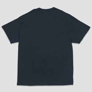 A dark navy blue short-sleeve t-shirt shown from the back, laid flat against a light gray background.