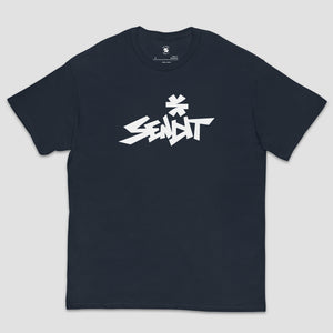 A dark navy blue short-sleeve t-shirt with a stylized white 'SENDIT' logo printed across the chest, displayed flat against a light gray background.