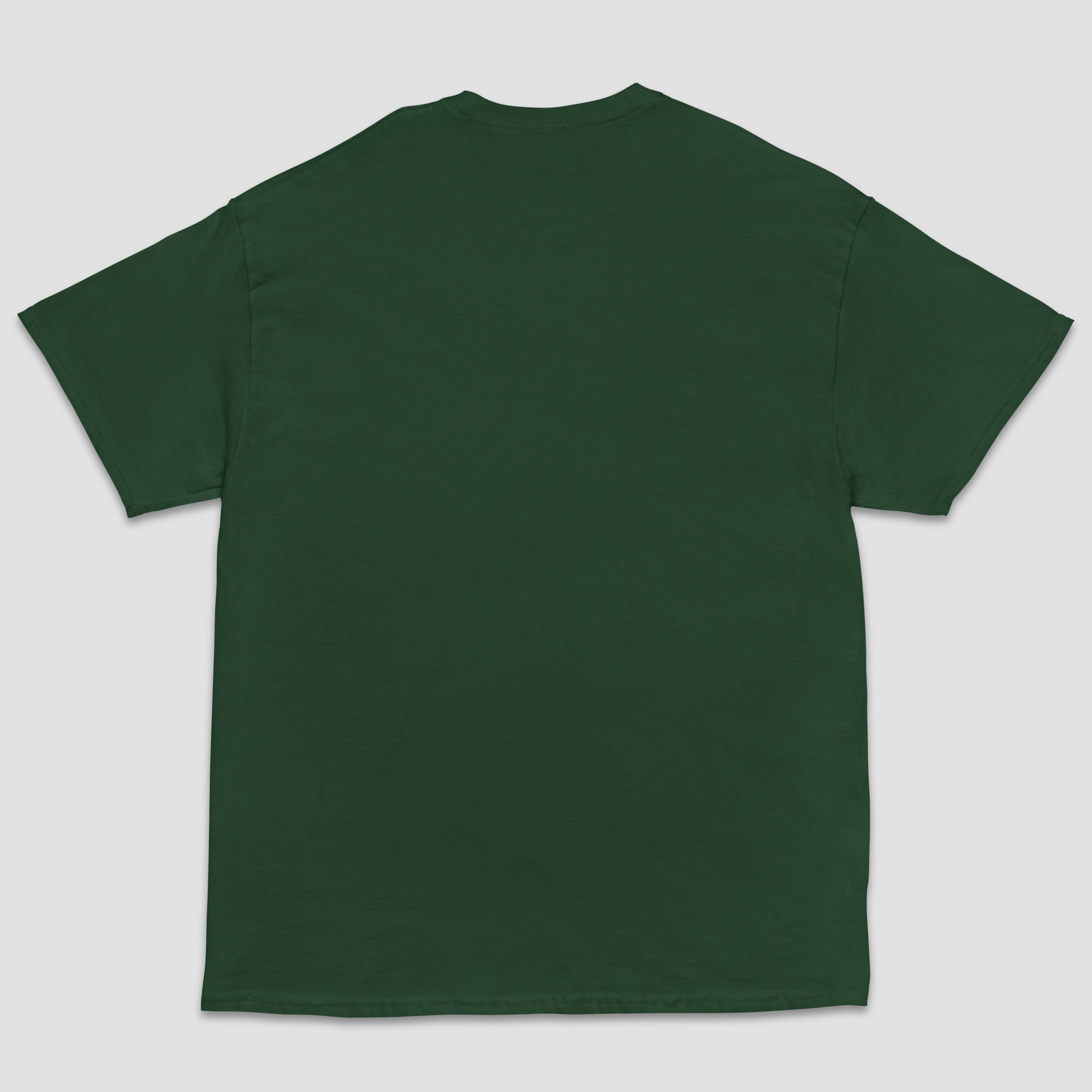 A dark forest green short-sleeve t-shirt shown from the back, laid flat against a light gray background.