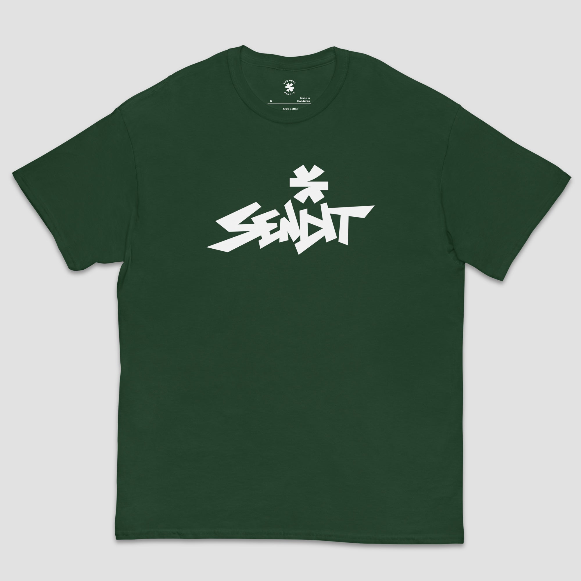 A dark green short-sleeve t-shirt with a stylized white 'SENDIT' logo printed across the chest, displayed flat against a light gray background.