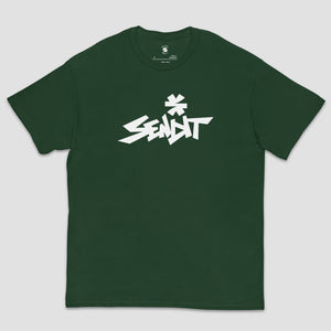 A dark green short-sleeve t-shirt with a stylized white 'SENDIT' logo printed across the chest, displayed flat against a light gray background.