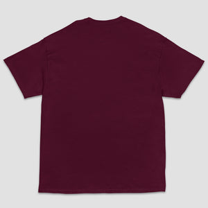 A plain short-sleeve crewneck t-shirt in a deep burgundy color, shown from the back against a light gray background.