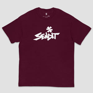 A maroon short-sleeve crewneck t-shirt with a stylized white 'SENDIT' graphic and a small white asterisk on the chest, displayed flat against a light gray background.