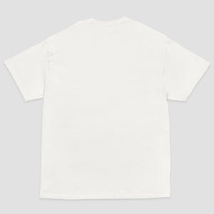 A plain white short-sleeve t-shirt shown from the back, laid flat against a light gray background.
