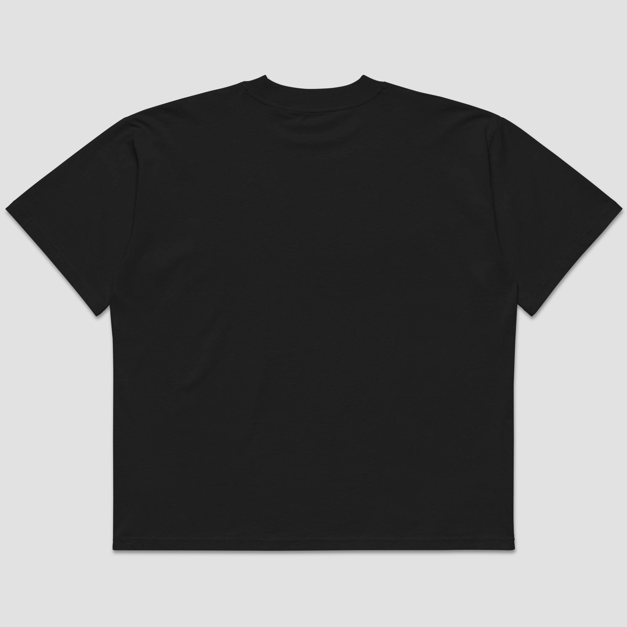 A black short-sleeve crewneck t-shirt shown from the back, laid flat against a light gray background.