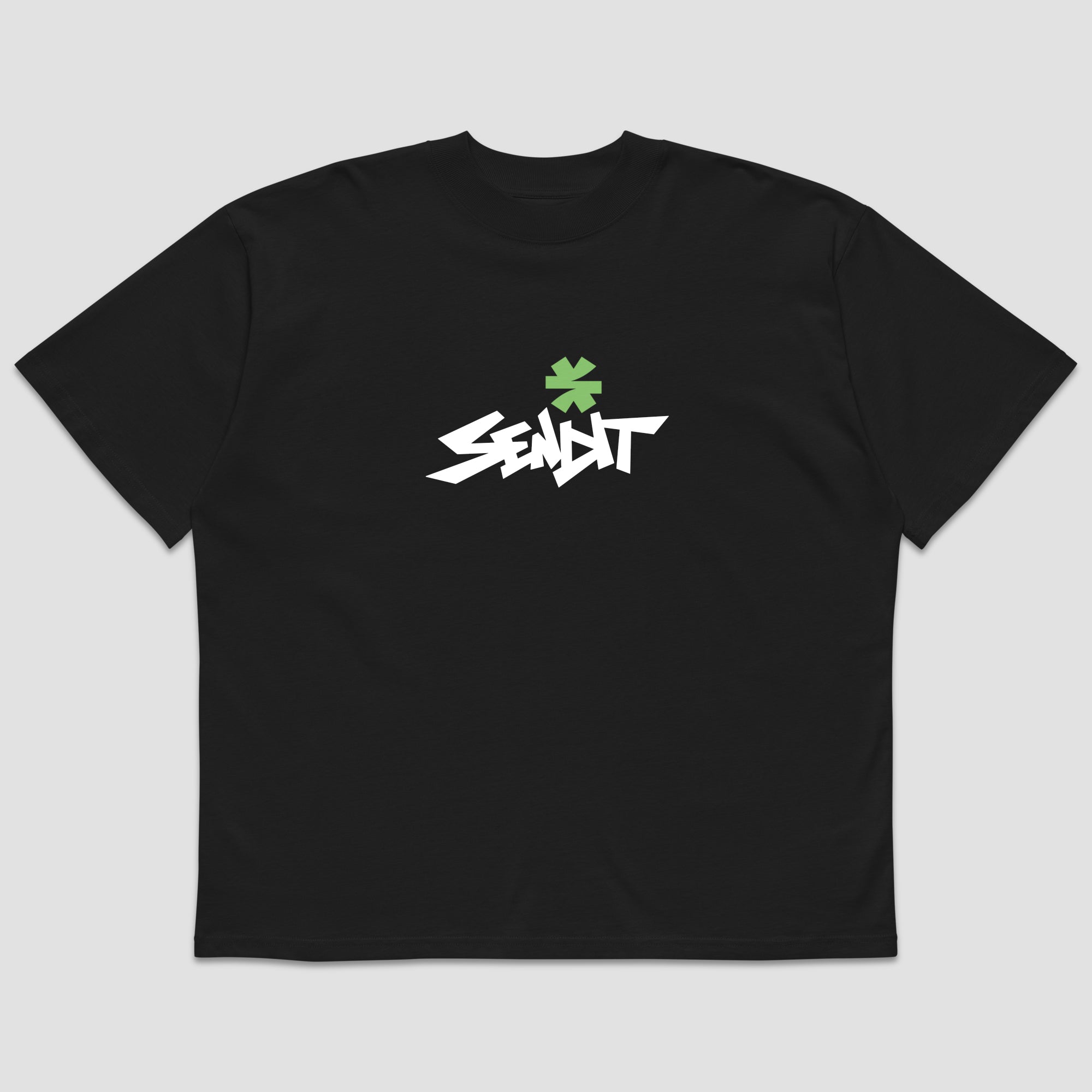 A black short-sleeve t-shirt with a stylized white 'SENDIT' graphic and a green asterisk on the chest, displayed against a neutral light gray background.
