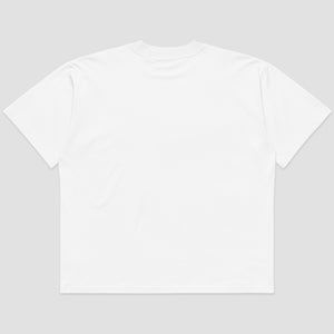 A plain white short-sleeve crewneck t-shirt shown from the back, laid flat against a light gray background.