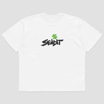 A white short-sleeve crewneck t-shirt with a black stylized 'SENDIT' logo and a green asterisk on the chest, displayed against a light gray background.