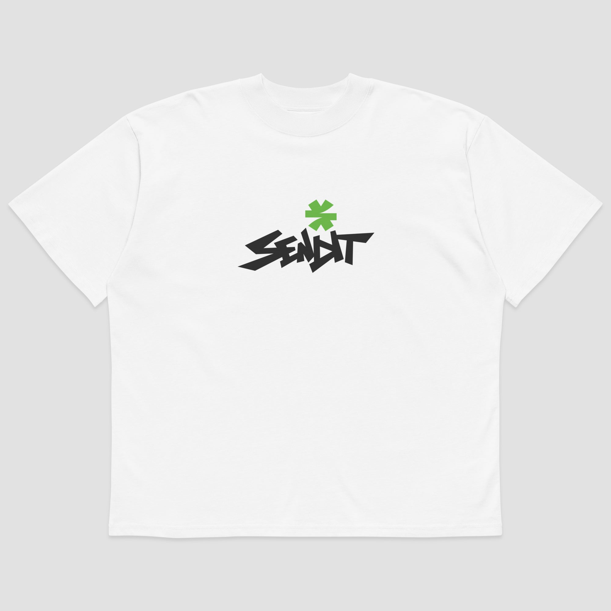 A white short-sleeve crewneck t-shirt with a black stylized 'SENDIT' logo and a green asterisk on the chest, displayed against a light gray background.