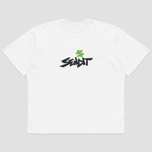 A white short-sleeve crewneck t-shirt with a black stylized 'SENDIT' logo and a green asterisk on the chest, displayed against a light gray background.