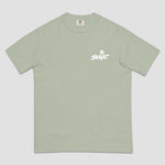 A sage green short-sleeve t-shirt with a white 'SENDIT' logo printed on the left chest, displayed flat against a light gray background.