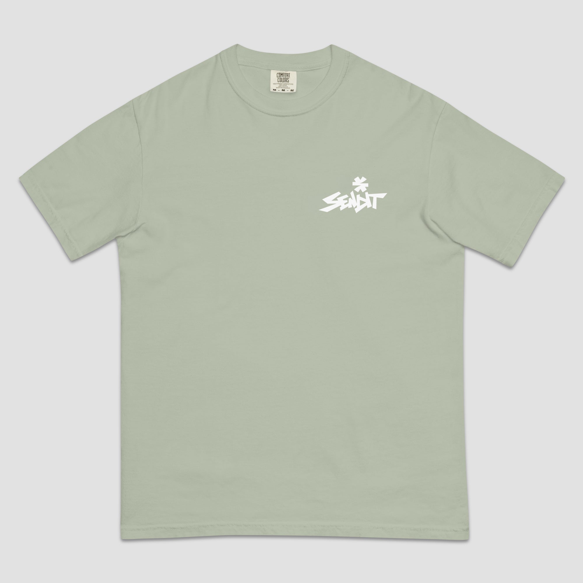 A sage green short-sleeve t-shirt with a white 'SENDIT' logo printed on the left chest, displayed flat against a light gray background.