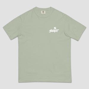 A sage green short-sleeve t-shirt with a white 'SENDIT' logo printed on the left chest, displayed flat against a light gray background.