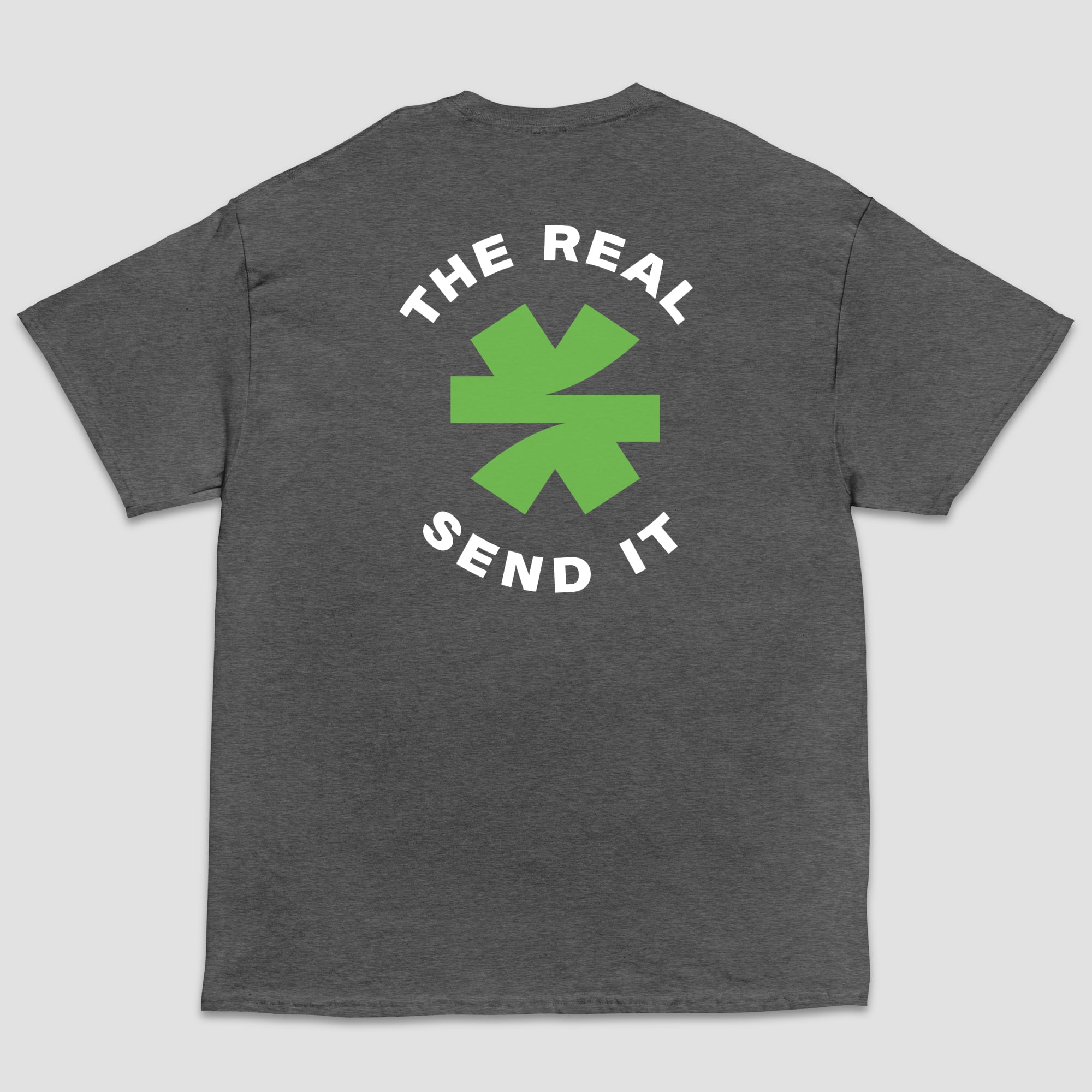 A dark gray heather short-sleeve t-shirt shown from the back, featuring a green and black logo with the text 'THE REAL SEND IT' centered around a green asterisk set on a light gray background.