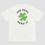 A white short-sleeve t-shirt shown from the back, featuring a green and black logo with the text 'THE REAL SEND IT' centered around a green asterisk set on a light gray background.