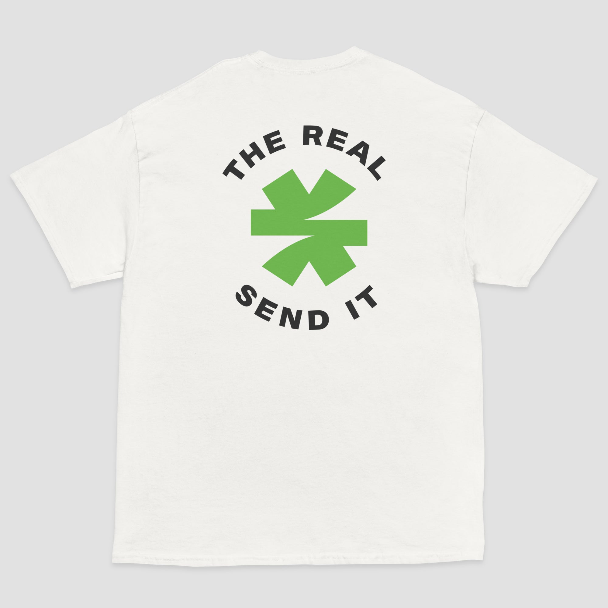 A white short-sleeve t-shirt shown from the back, featuring a green and black logo with the text 'THE REAL SEND IT' centered around a green asterisk set on a light gray background.