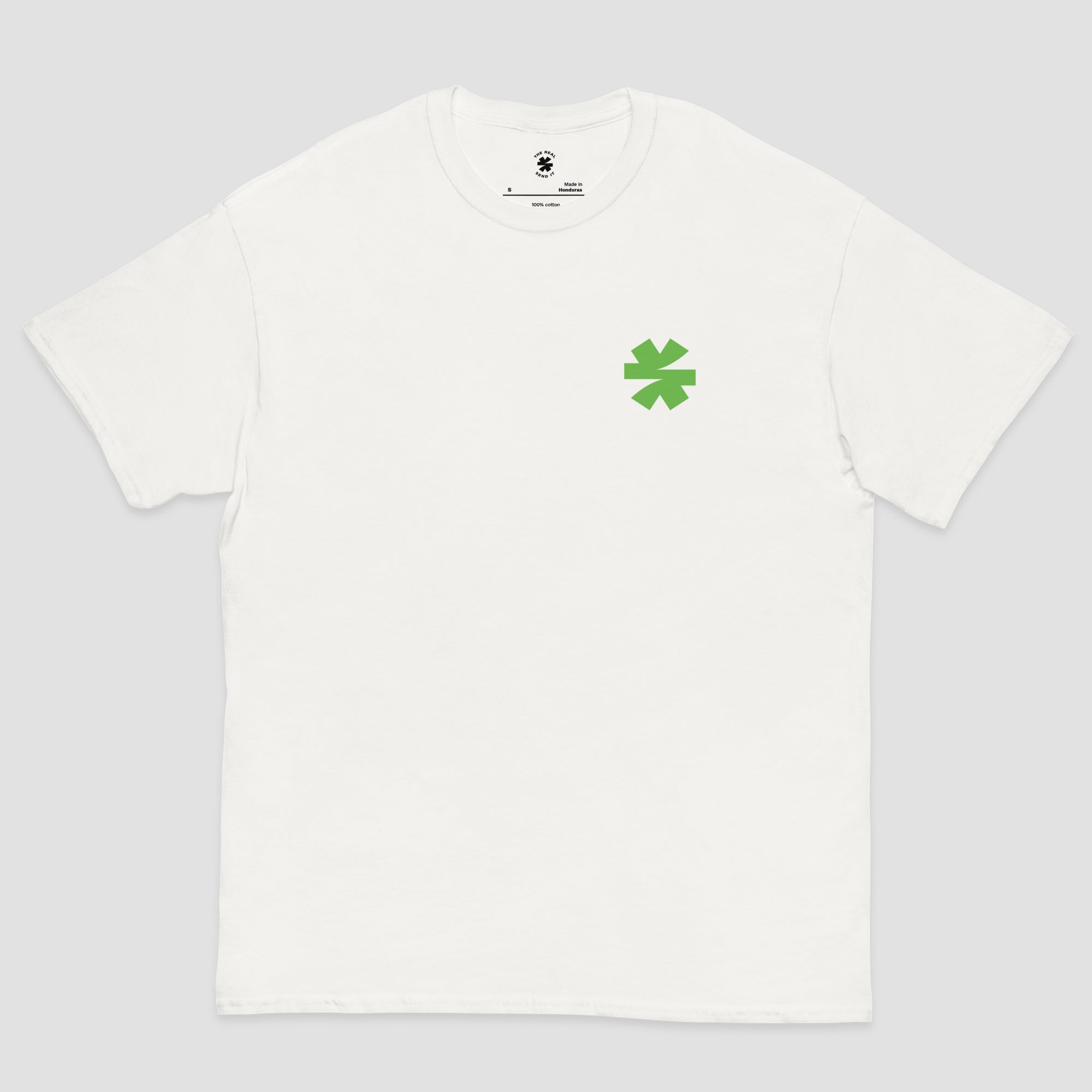 A white short-sleeve crewneck t-shirt with a small green asterisk on the left chest, displayed on a neutral light gray background.