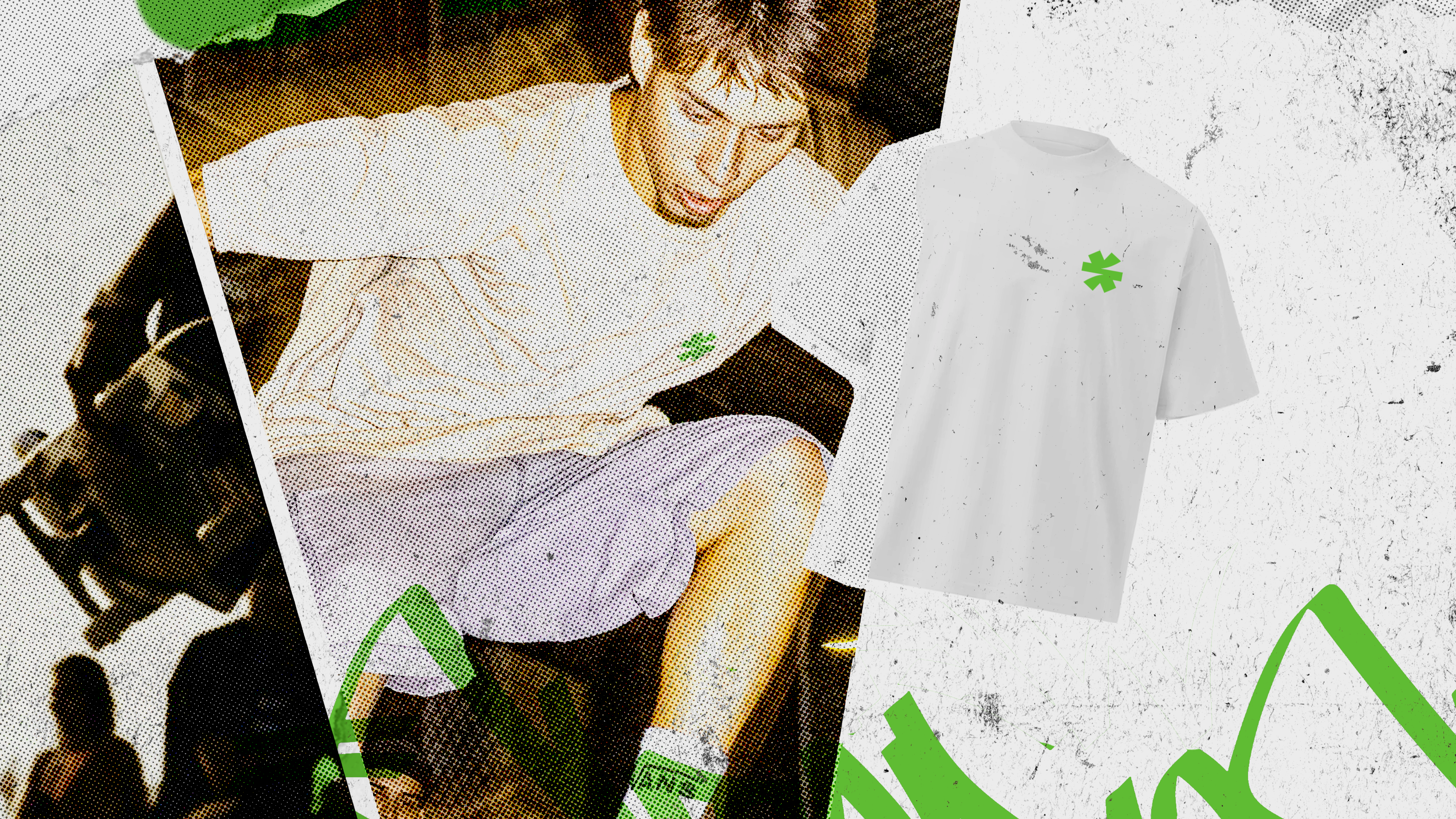 A white short-sleeve t-shirt with a green four-leaf clover graphic on the left chest, shown in a split collage layout with a lifestyle photo of a man wearing a matching outfit and a textured white background with green graphic accents.